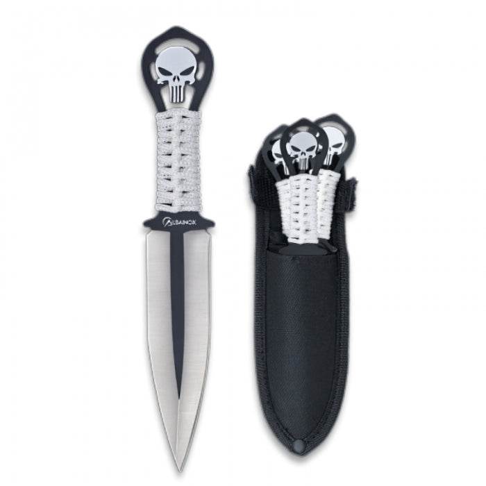 Albainox Skull Cord Wrapped Handle With Set Of 3 Throwing Knives 17cm - Bong Empire
