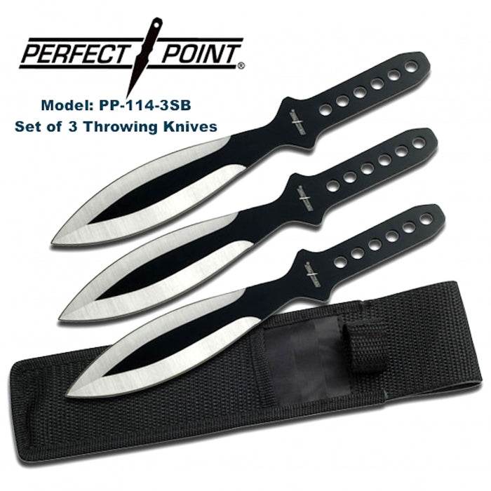 Perfect Point Satin Black Blade Set Of 3 Throwing Knives 23cm - Bong Empire