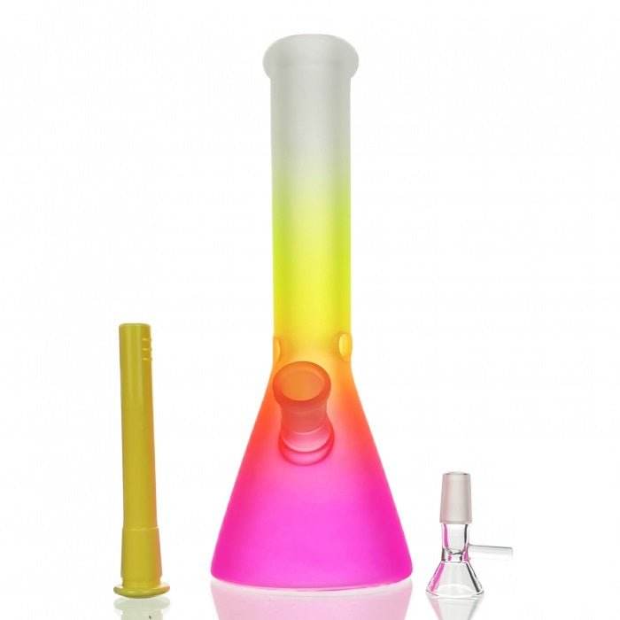 Frosted Rainbow Beaker Glass Bong 25cm (White, Yellow, Pink) - Bong Empire