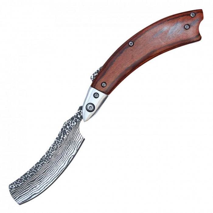 Buckshot Razor Curved Stainless Blade Wood Handle Folding Knife 13cm Light Wood - Bong Empire