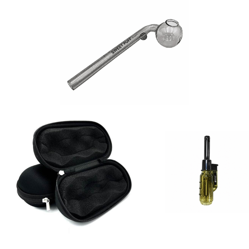 Matching Colour Sweet Puff Glass Pipe 14cm & Medium Case Bundle + Lighter
