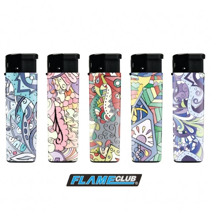 FlameClub Abstract Drawing Refillable Gas Lighter 5 Pack - Bong Empire