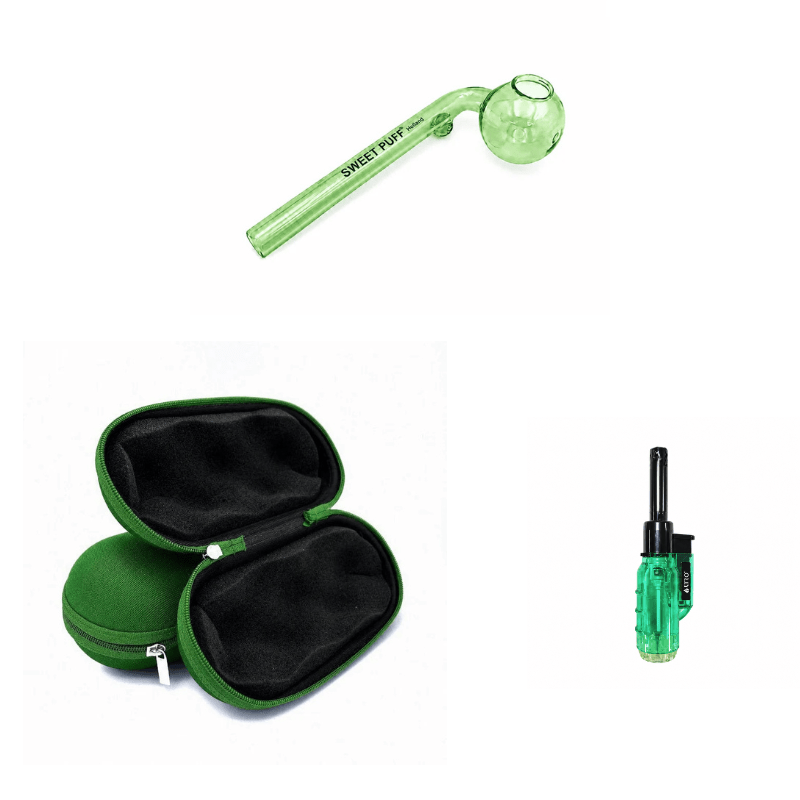 Matching Colour Sweet Puff Glass Pipe 12cm & Medium Case Bundle + Lighter Green
