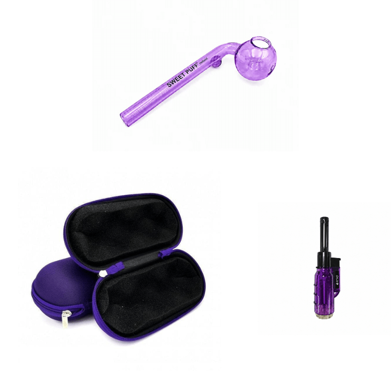 Matching Colour Sweet Puff Glass Pipe 12cm & Medium Case Bundle + Lighter Purple