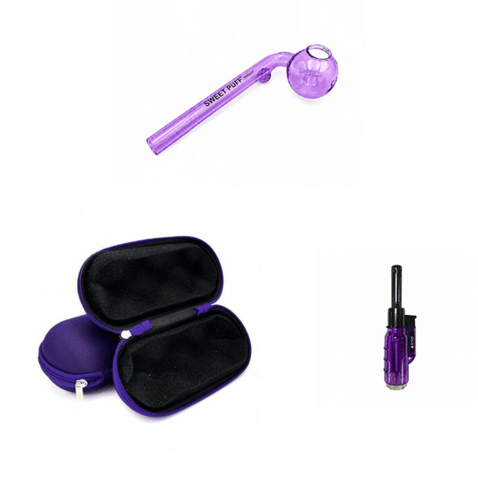 Matching Colour Sweet Puff Glass Pipe 12cm & Medium Case Bundle + Lighter Purple