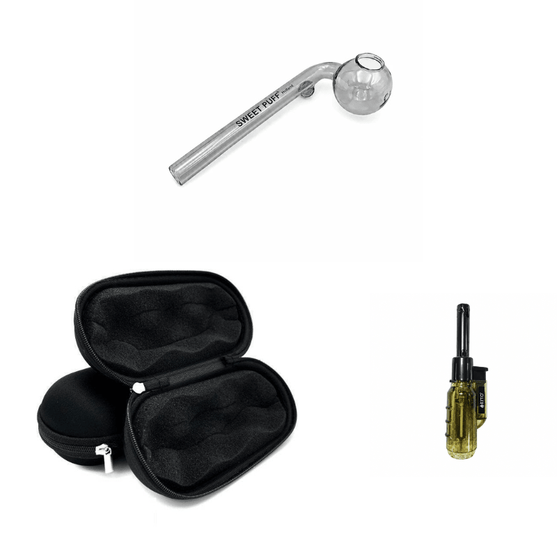Matching Colour Sweet Puff Glass Pipe 12cm & Medium Case Bundle + Lighter Grey