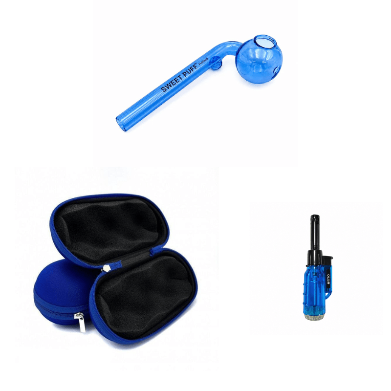 Matching Colour Sweet Puff Glass Pipe 12cm & Medium Case Bundle + Lighter Blue