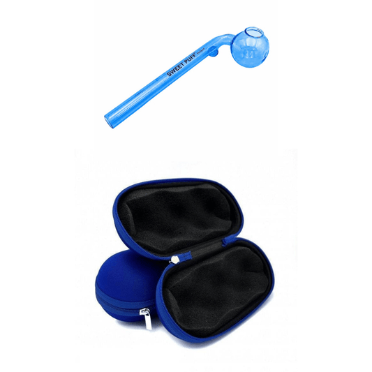 Matching Colour Sweet Puff Glass Pipe 14cm & Medium Case Bundle Blue