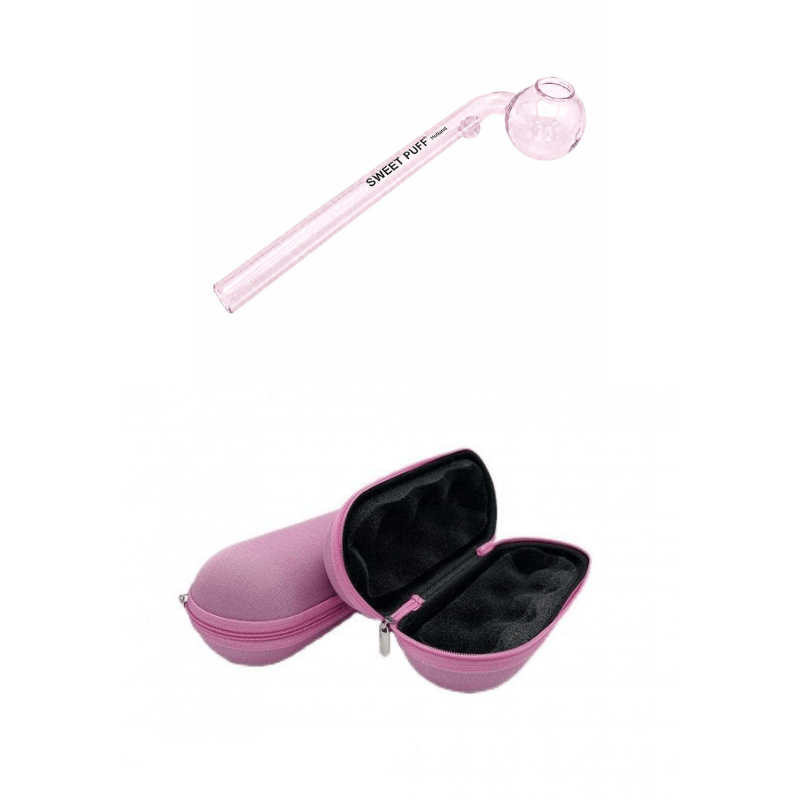 Matching Colour Sweet Puff Glass Pipe & Large Case Bundle Pink
