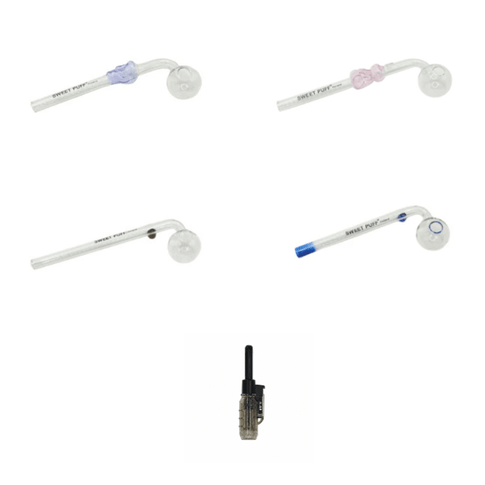 Mixed Designs Sweet Puff Glass Pipe Value Pack + Jet Lighter