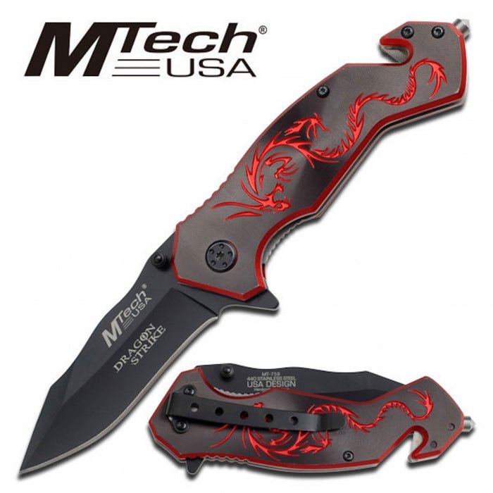 Mtech Black Cd Finish Handle With Red Dragon Folding Knife - Bong Empire