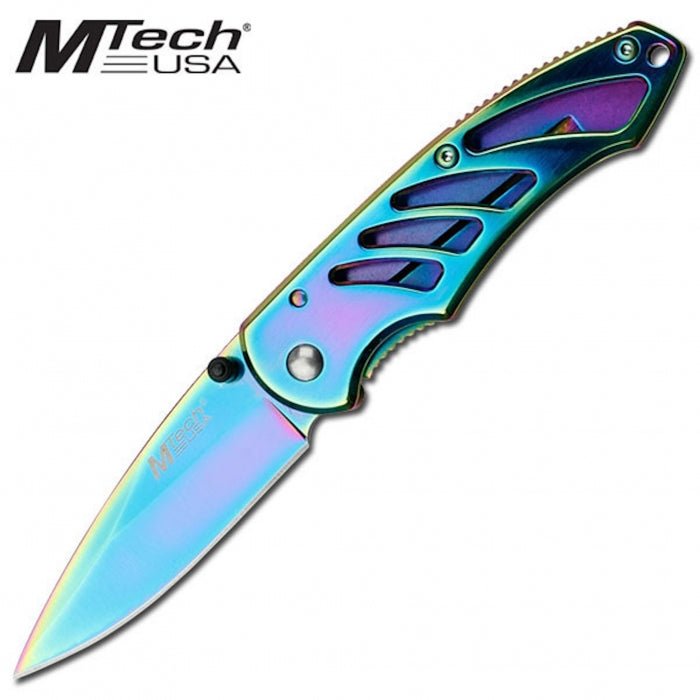 Mtech Rainbow Handle With Titanium Oxide Coated Knife 9cm - Bong Empire