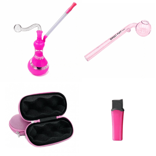 Pink Sweet Puff Pipe & Water Pipe Bundle – Case + Jet Lighter