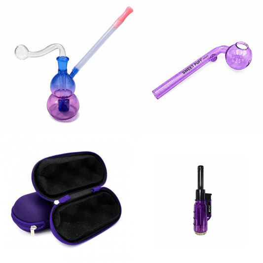 Purple Sweet Puff Pipe & Water Pipe Bundle – Case + Jet Lighter
