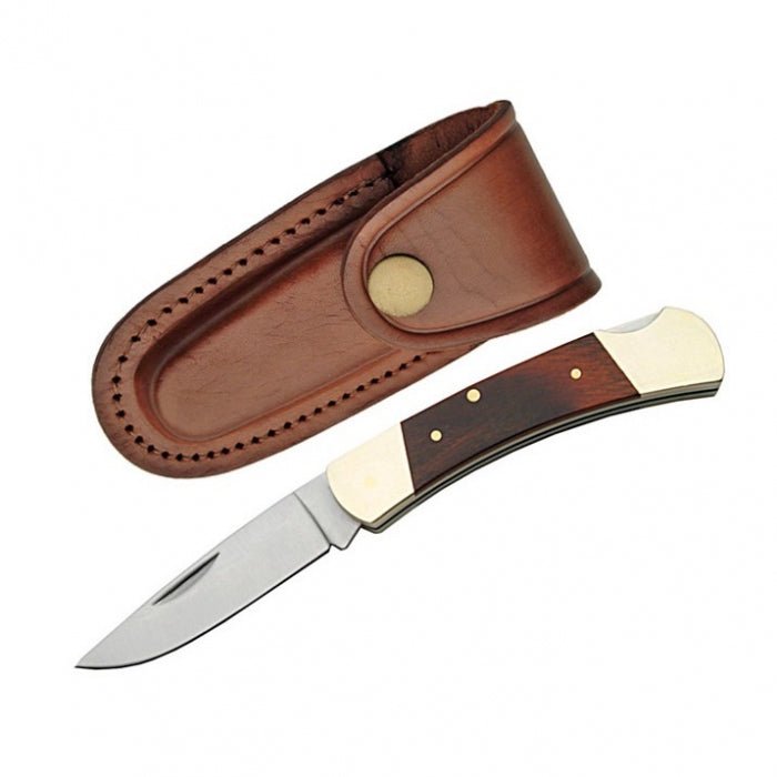 Rite Edge Pakkawood Handle With Leather Pouch Folding Knife 9cm - Bong Empire