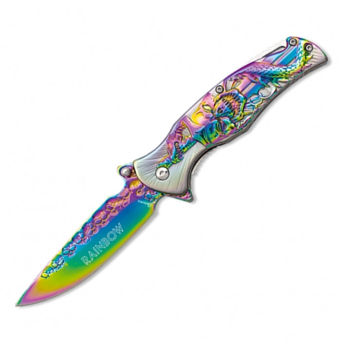 Albainox Fantasy Rainbow Skull Titanium Coated Handle Folding Knife 12cm